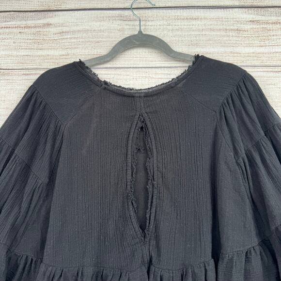 Free People Oversized Boxy Peplum Top Blouse Womens XS Black Rough Hem - Picture 4 of 12
